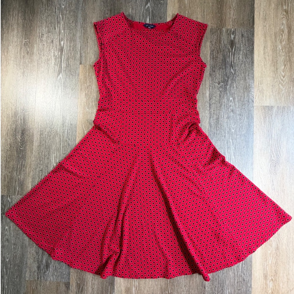 Lands End Fit Flare Dress Womens 10-12 Red Polka Dot Sleeveless Knit A-Line